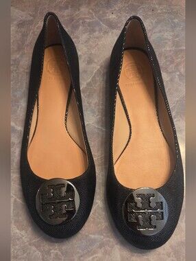 Tory Burch Black Logo Round-Toe Ballet Flats